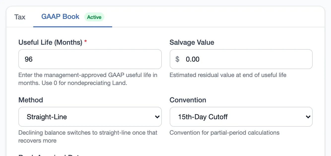 The same asset's GAAP Book tab: 96-month useful life, straight-line, 15th-day cutoff convention, its own salvage value.