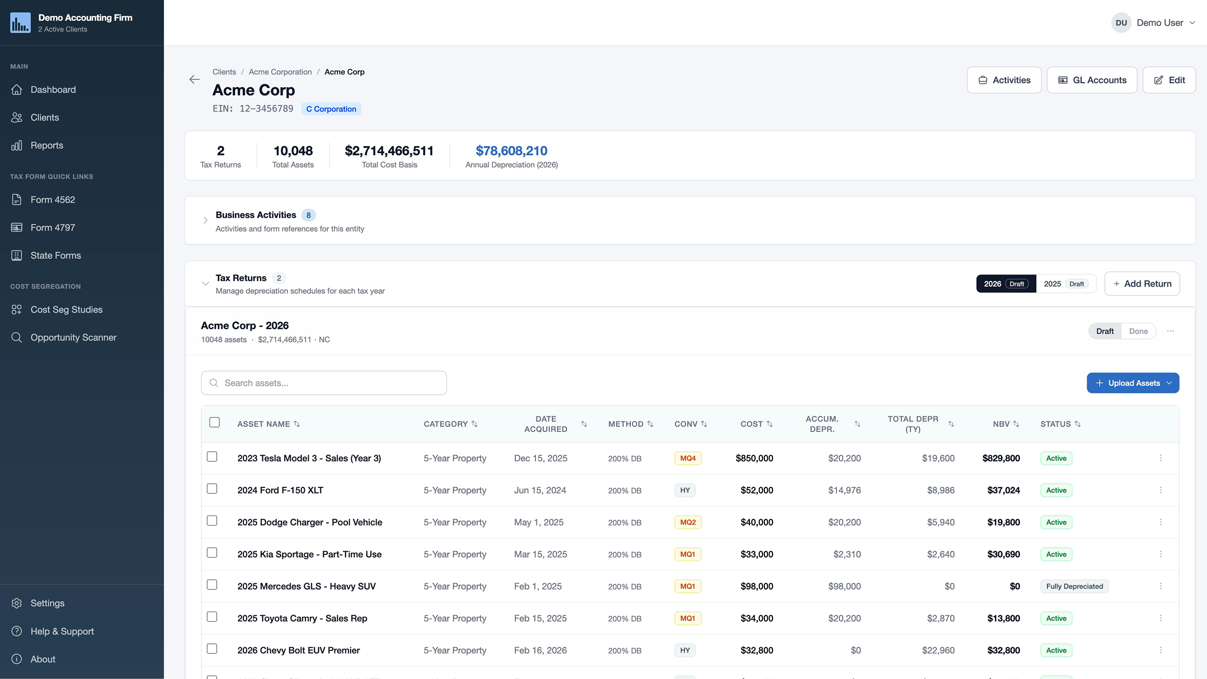 A client's full fixed-asset history in DepreciationPro: over 10,000 assets in clean, sortable rows with cost, depreciation, and net book value.